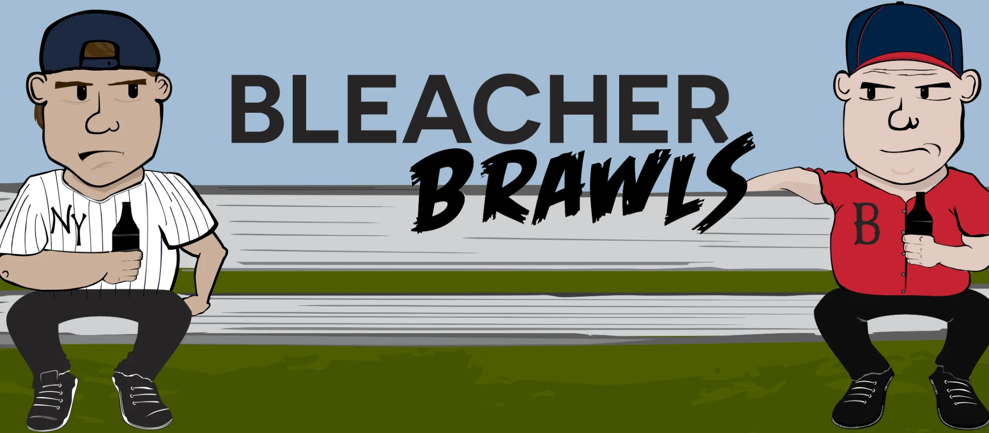 Two rival fans, one in Yankees pinstripes and one in Red Sox red, sitting together on a bleacher bench sharing a drink, above the Bleacher Brawls wordmark.